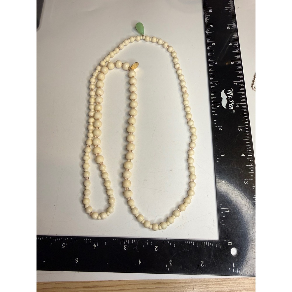 Handmade Cream Beaded Long Strand Necklace with Green Teardrop Stone Charm